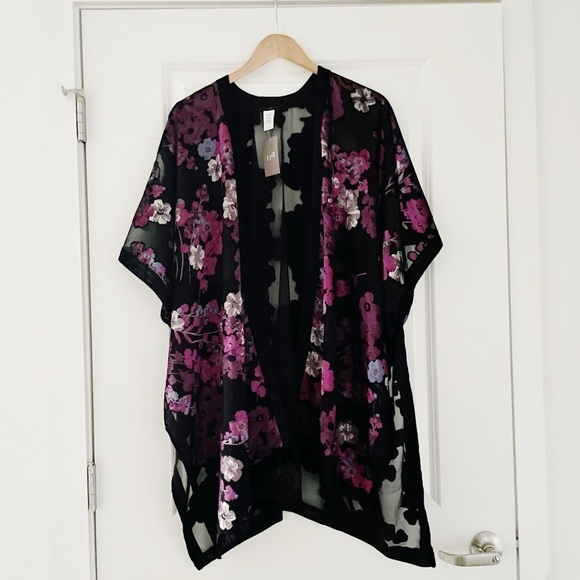 J. Jill Ruana Velvet Burnout Cardigan One Size Kimono Duster Purple Floral - Picture 4 of 9